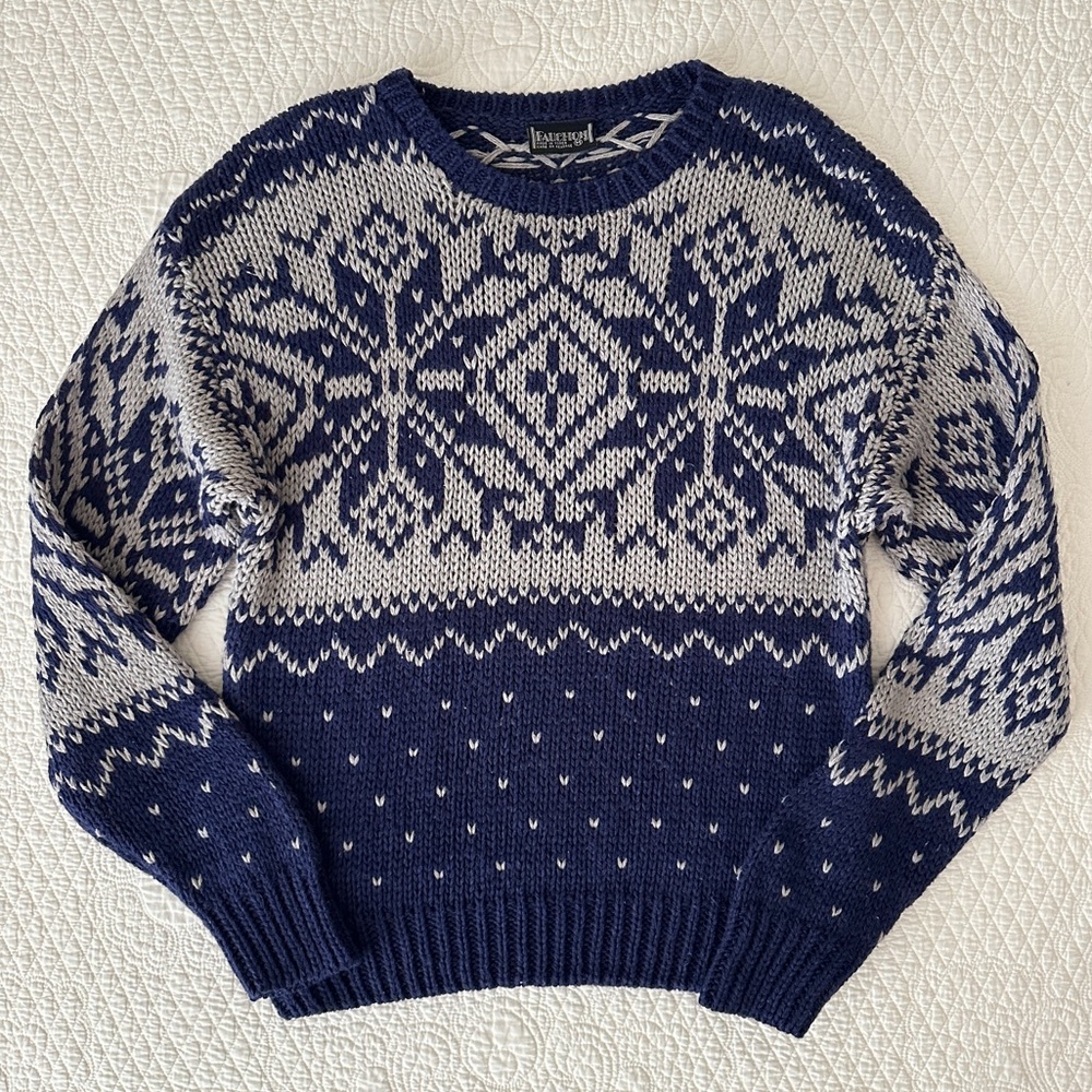 Vintage Fauchon Fair Isle Snowflake Sweater Ski Navy Gray Medium - Picture 9 of 9